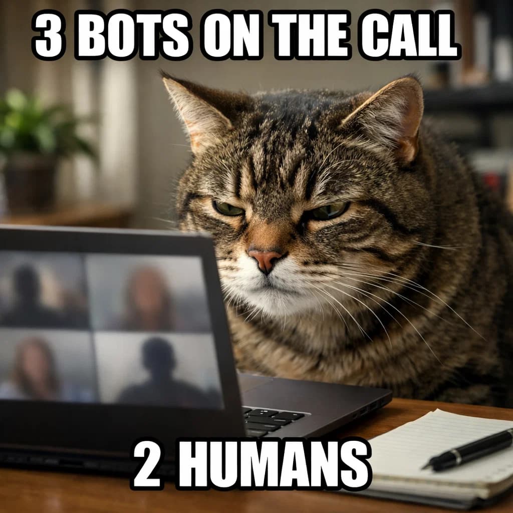 Suspicious cat squinting at laptop screen - 3 bots on the call, 2 humans