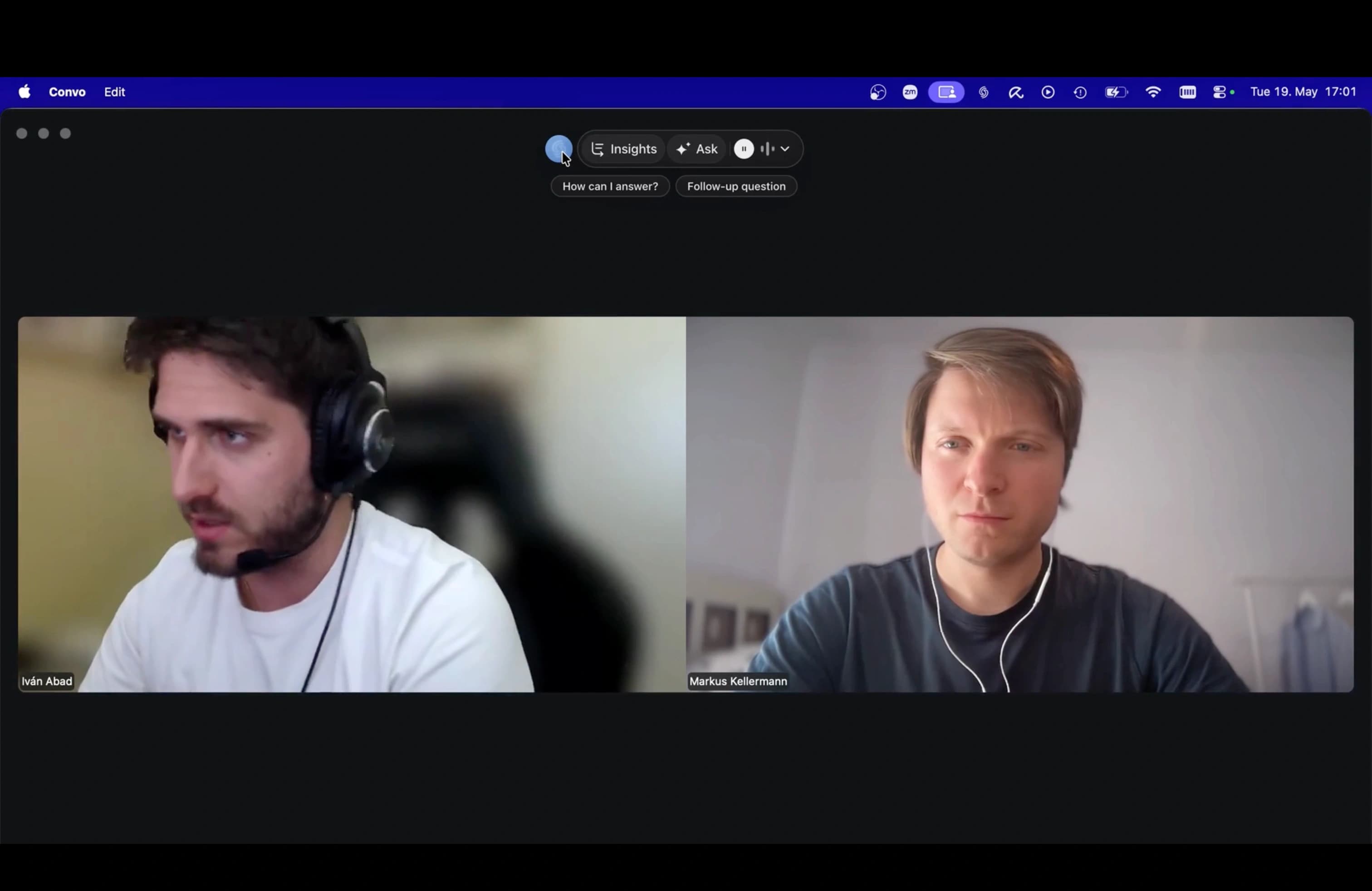 Convo's floating Insights and Ask bar surfacing a suggested response and follow-up question during a live video call