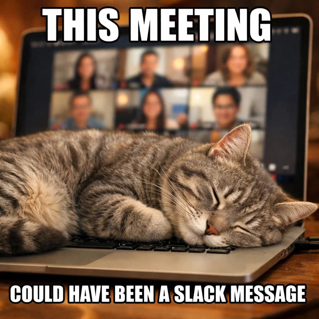 Cat sleeping on laptop during video call - this meeting could have been a slack message