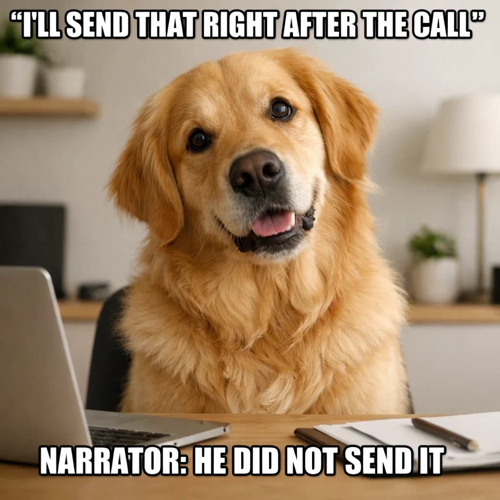 Clueless golden retriever at desk - I'll send that right after the call, narrator: he did not send it