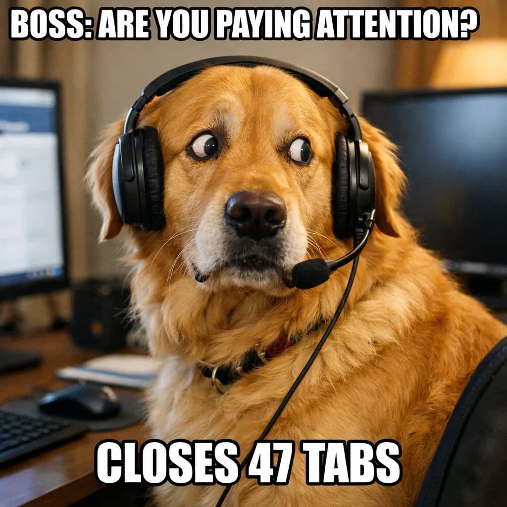 Guilty dog with headset - boss asks are you paying attention, closes 47 tabs