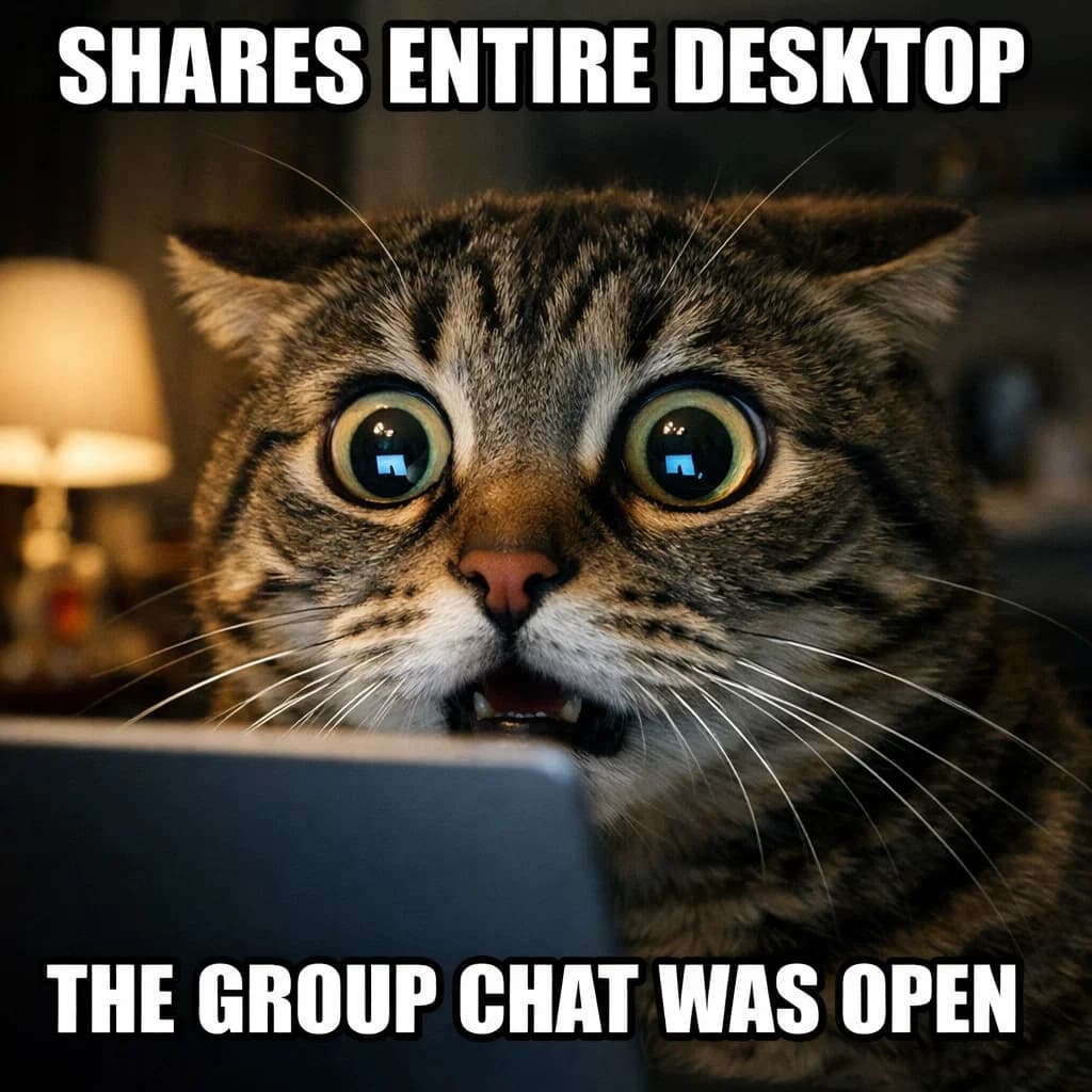 Panicked cat staring at laptop - accidentally shares entire desktop, the group chat was open