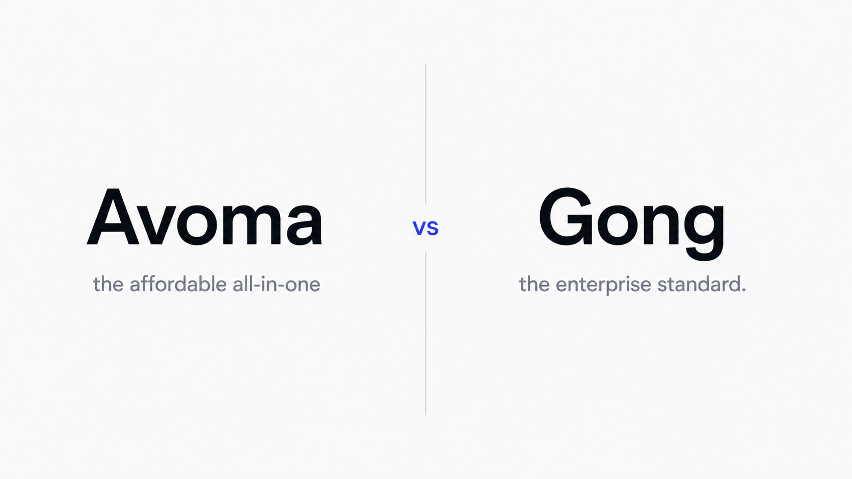 Avoma vs Gong comparison showing Avoma as an affordable all-in-one AI meeting platform for small and mid-market teams versus Gong as the enterprise revenue AI operating system, with 2026 pricing and positioning for each