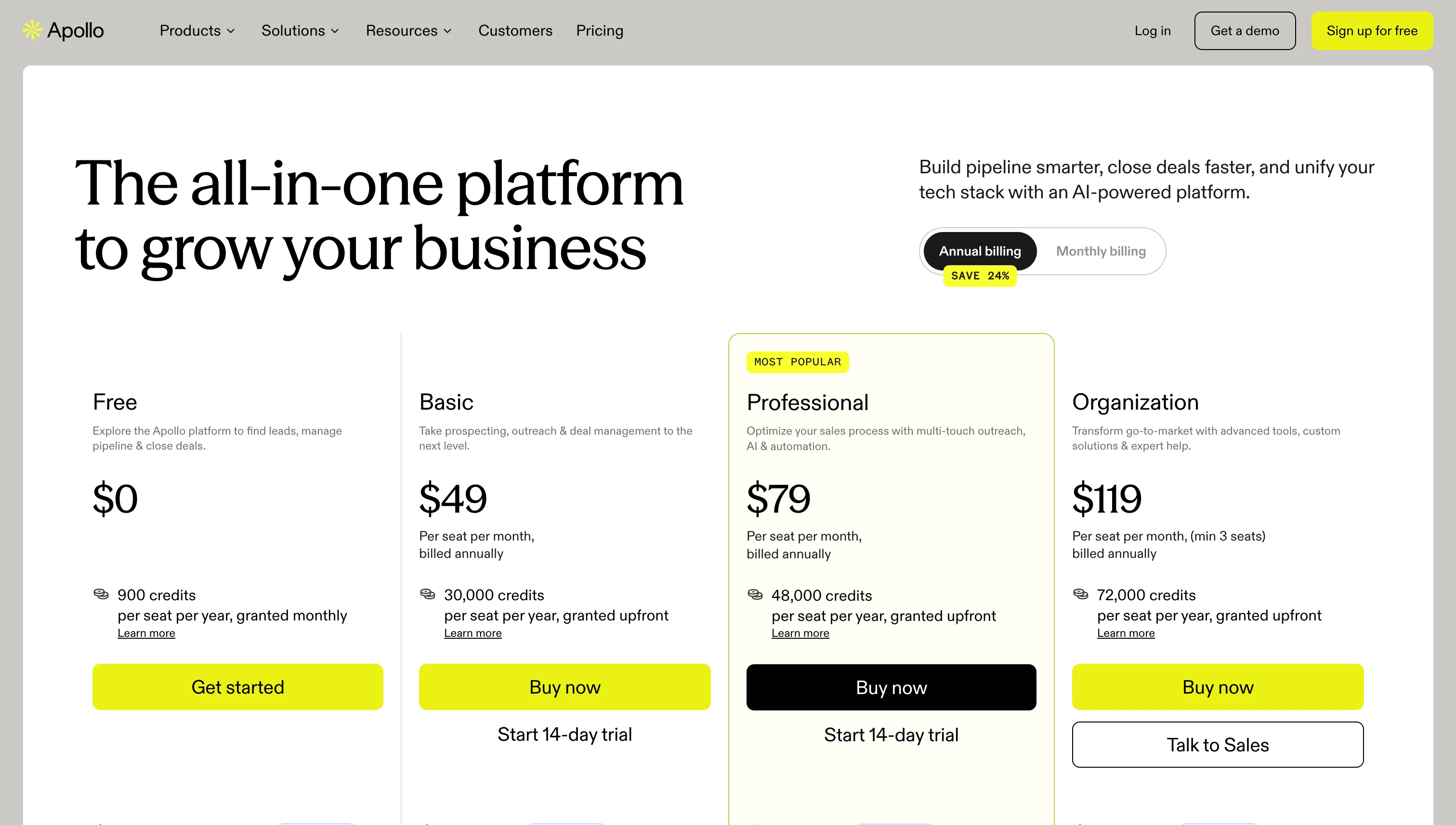 Apollo pricing page listing contact-level website visitor identification as US only, checked on 18 October 2026