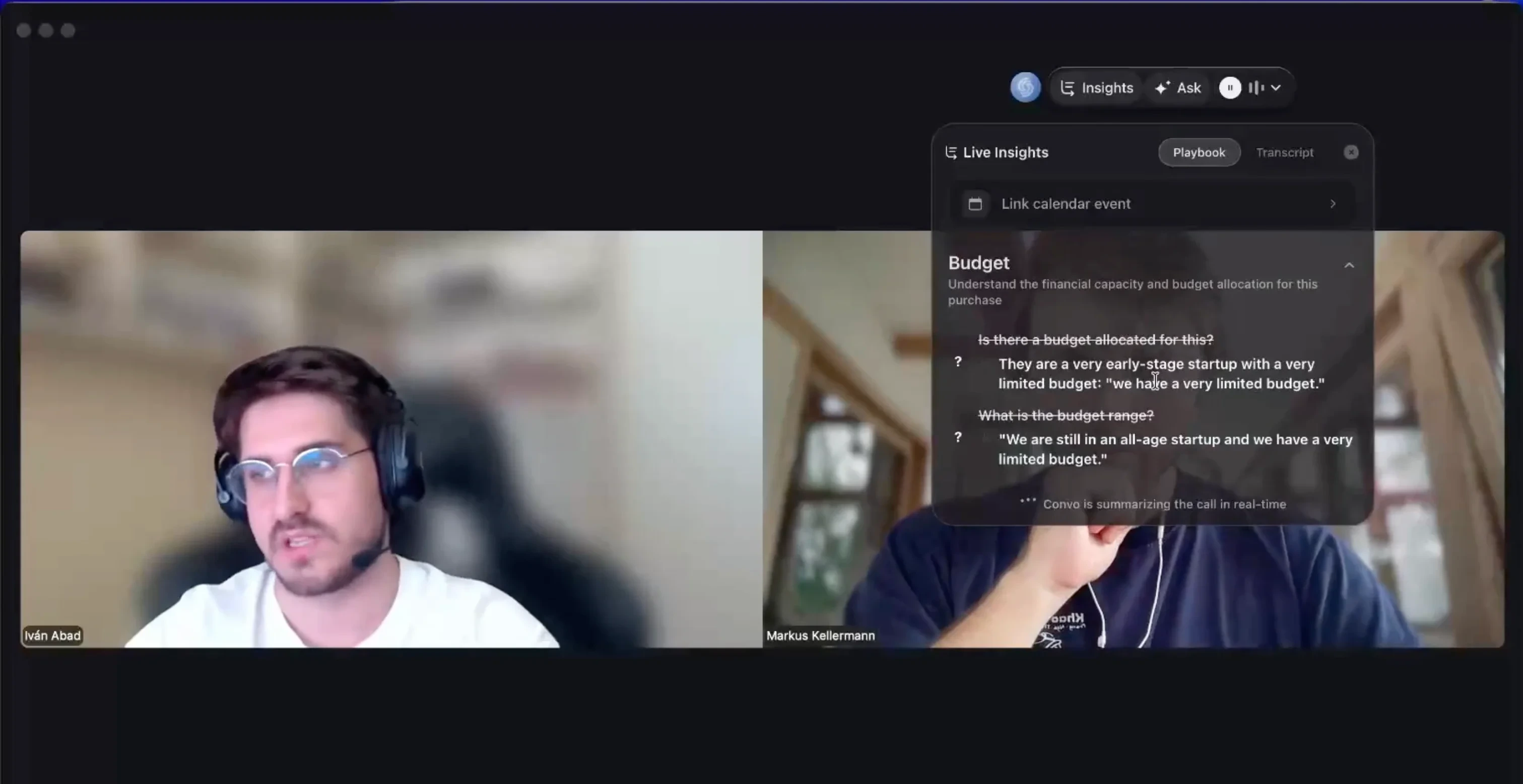 Convo suggesting a question about the buyer's IT review during a live sales demo