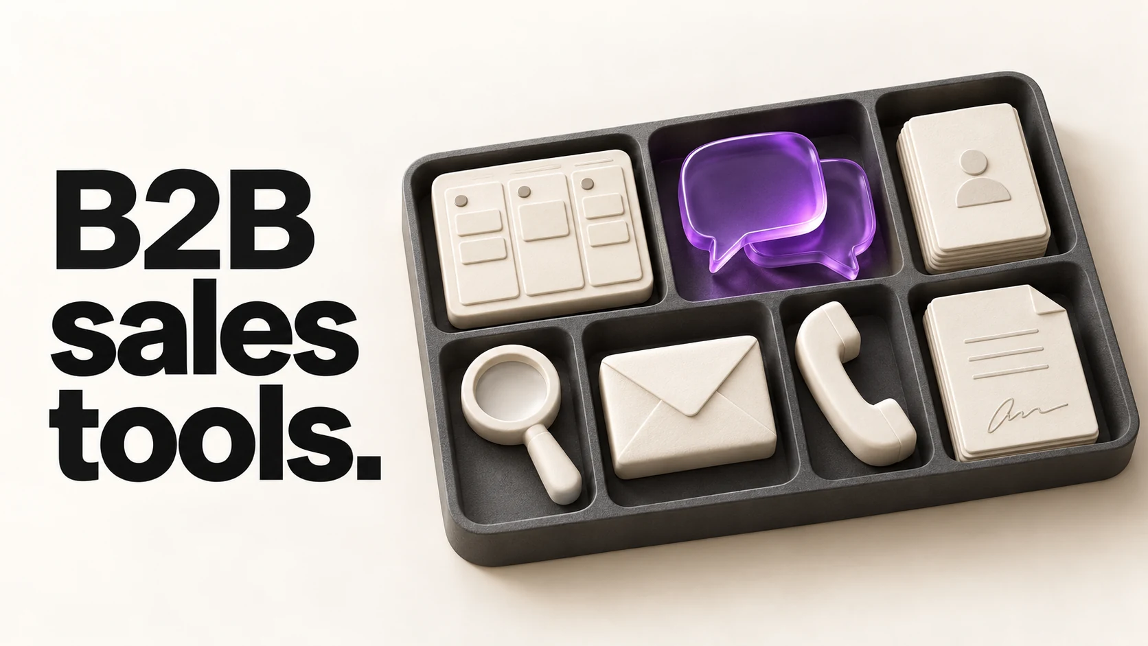 B2B sales tools represented by seven objects in a graphite tray, with violet speech bubbles for live sales calls