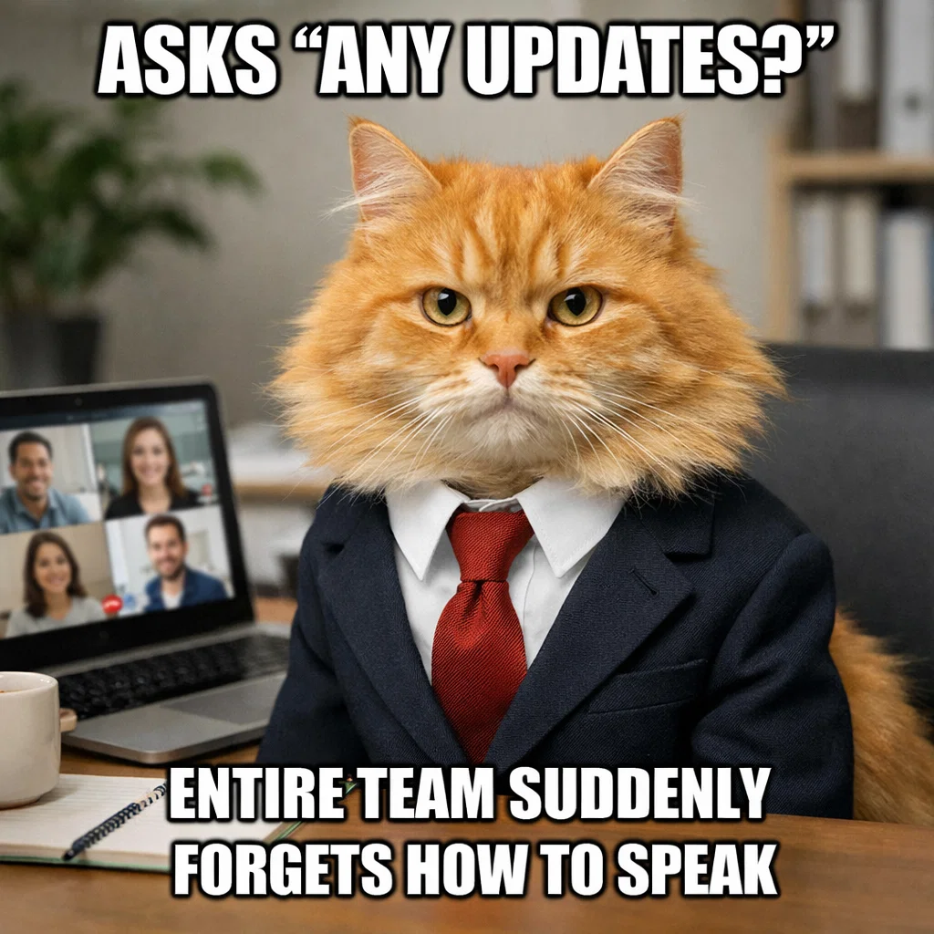 Business cat meme - asks any updates, entire team forgets how to speak