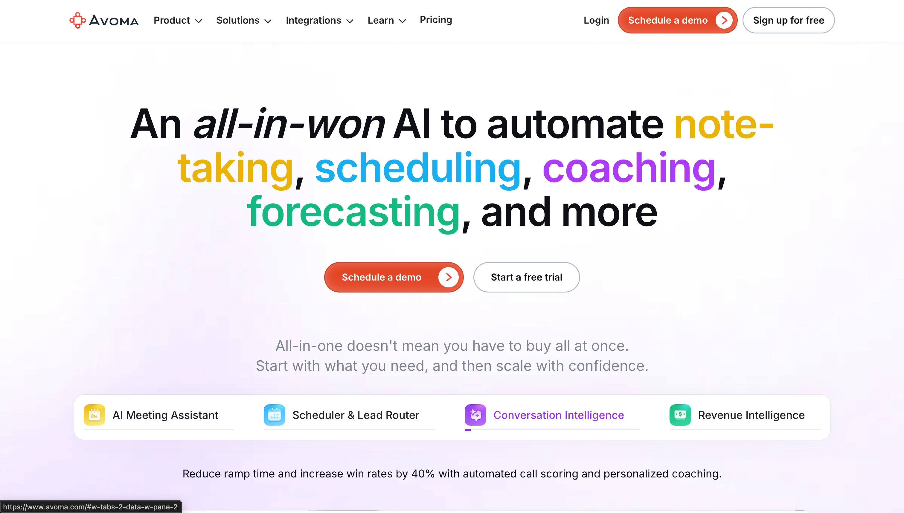 Avoma meeting and conversation intelligence view showing AI notes, call scoring, and a built-in scheduler