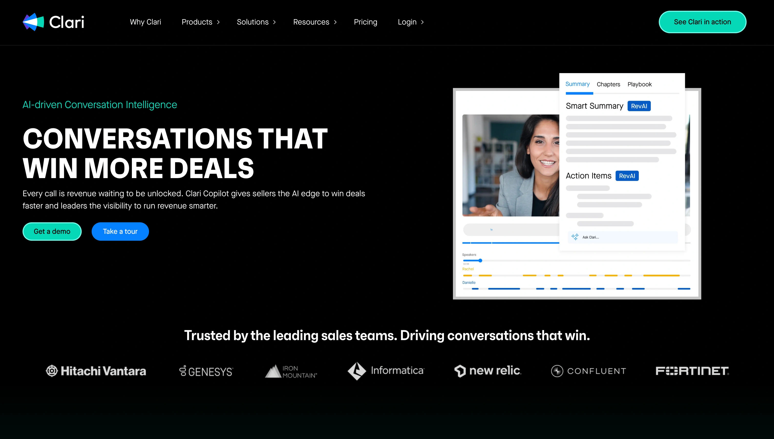 Clari Copilot showing a real-time battlecard surfacing during a sales call alongside the live transcript