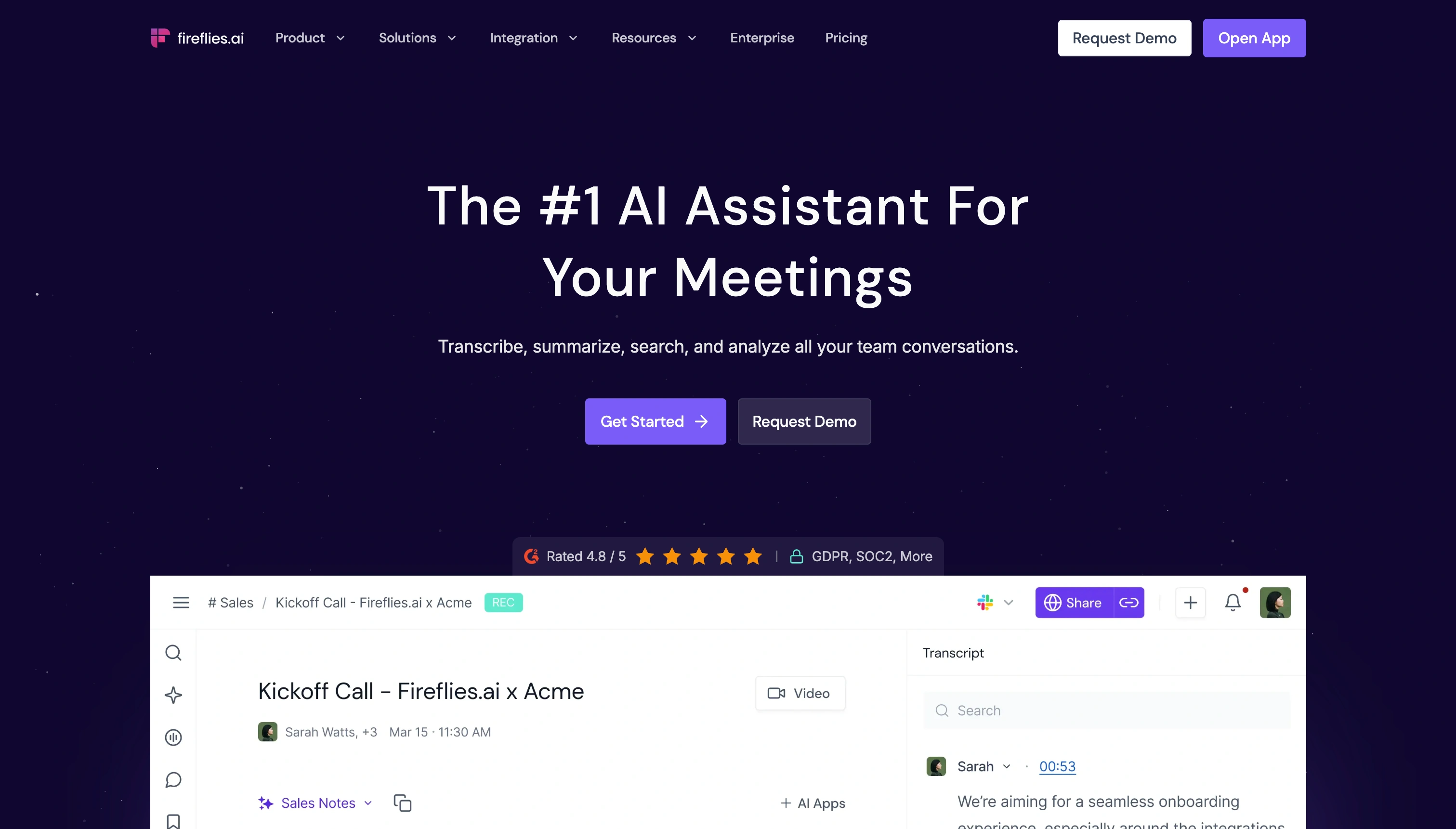 Fireflies.ai meeting notes interface showing a transcript, AI summary, and the AskFred chat over past calls