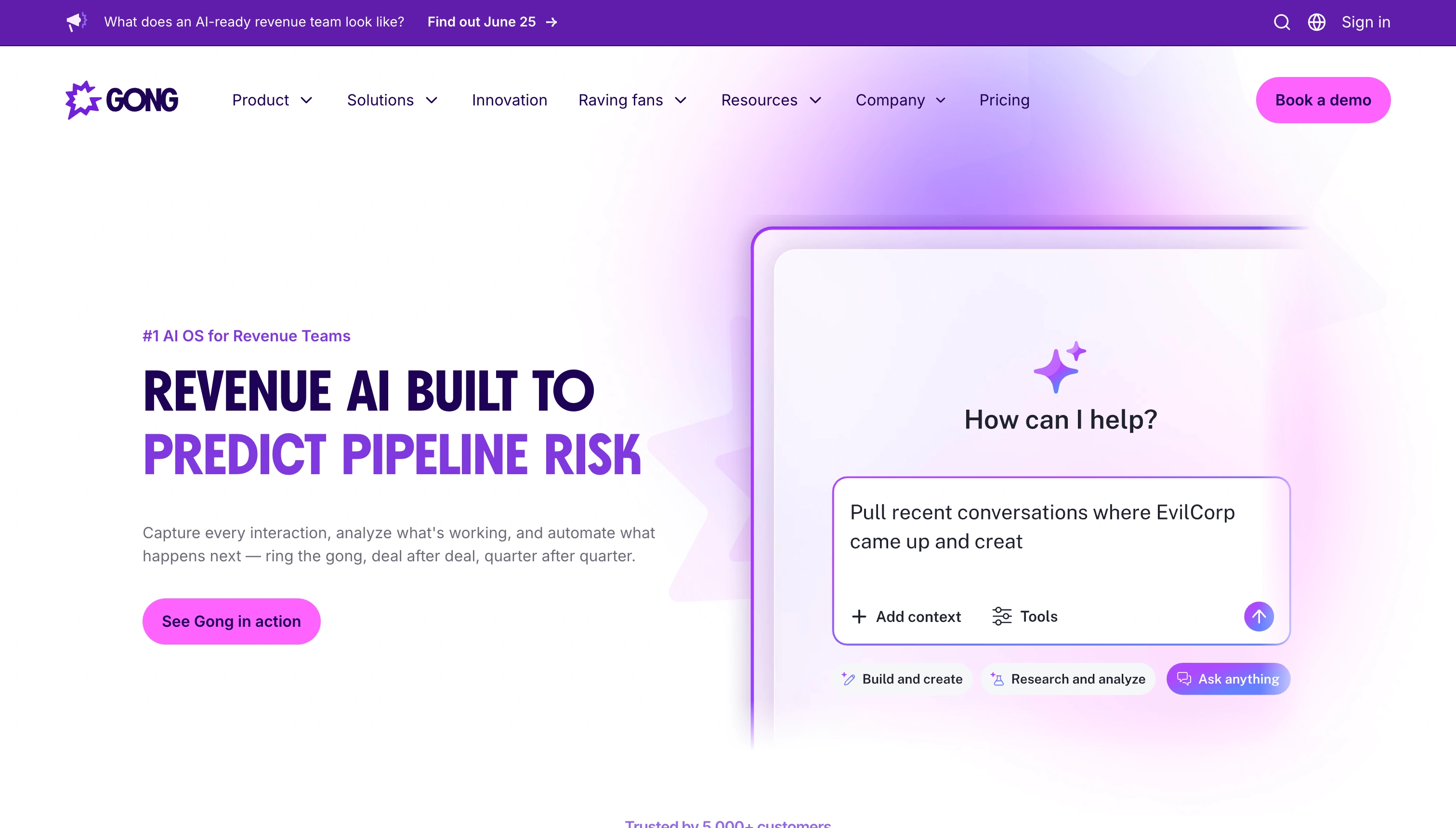 Gong conversation intelligence dashboard showing call recordings, deal intelligence, and talk-time analytics