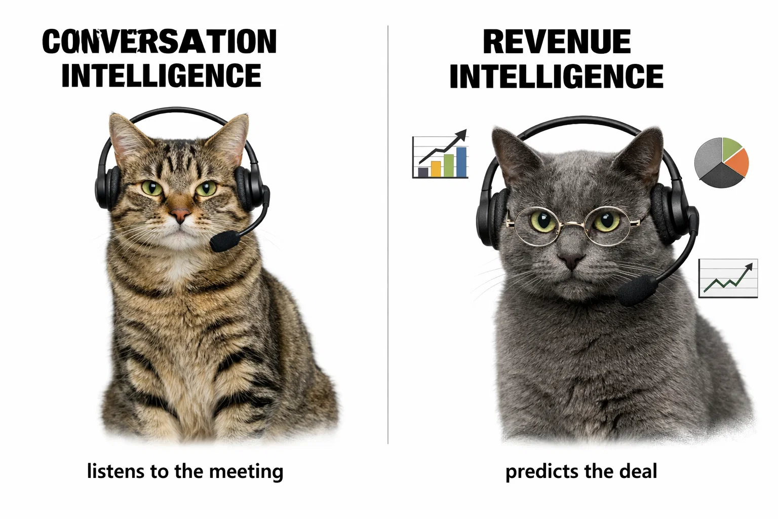 Side-by-side comparison showing conversation intelligence focused on call analysis (transcription, sentiment, talk ratios) versus revenue intelligence which adds CRM data, pipeline forecasting, and deal scoring