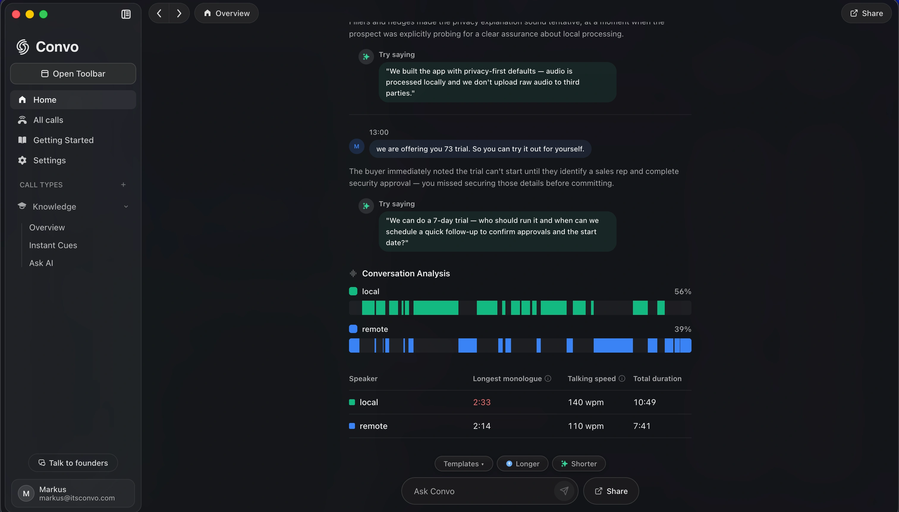 Convo's rebuilt Feedback tab showing a chat bubble with the rep's verbatim quote, a try-saying callout with an alternative phrasing, and a Save-as-Cue button that routes the growth note into future live calls