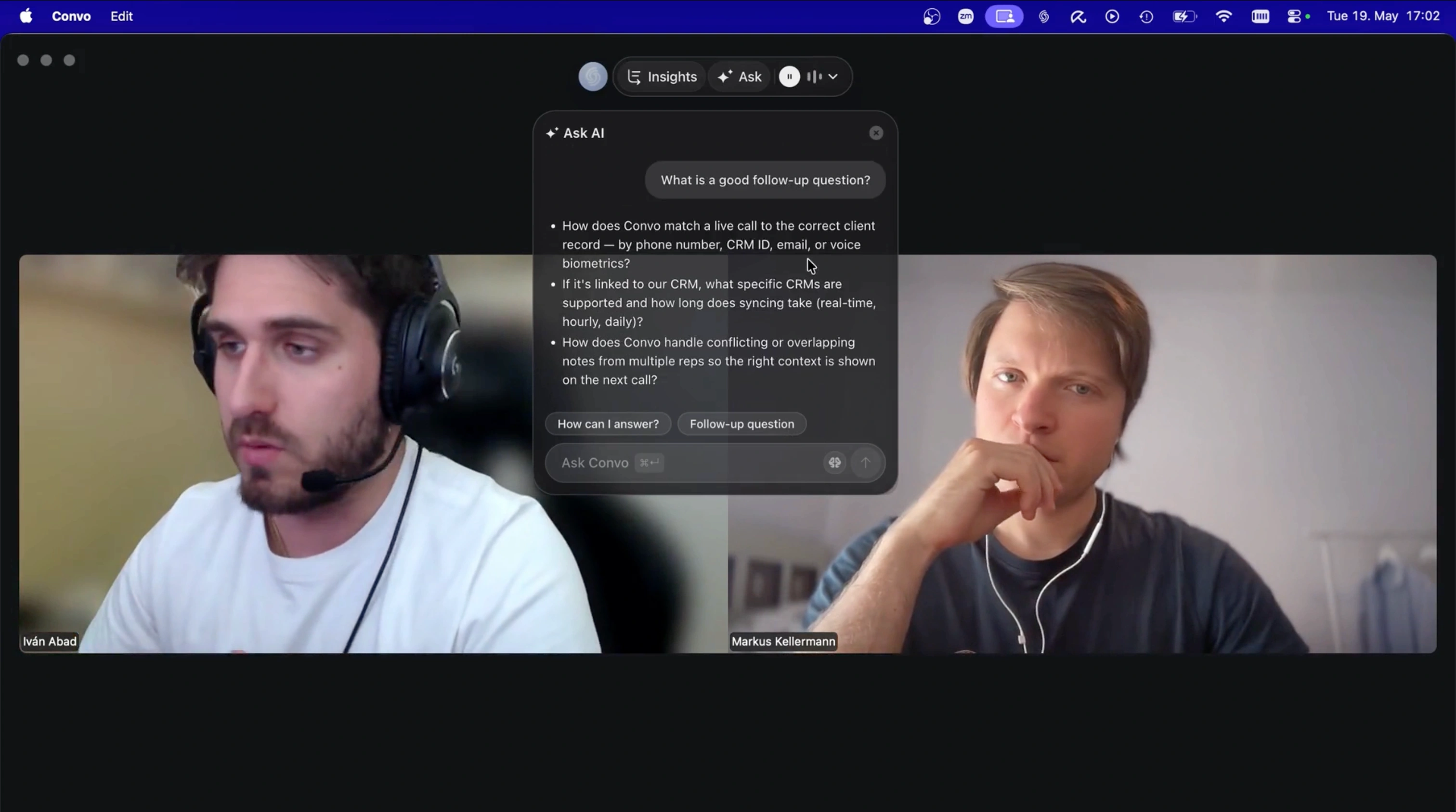 Convo's real-time suggestion panel showing live coaching suggestions during a sales call, with no bot visible in the meeting