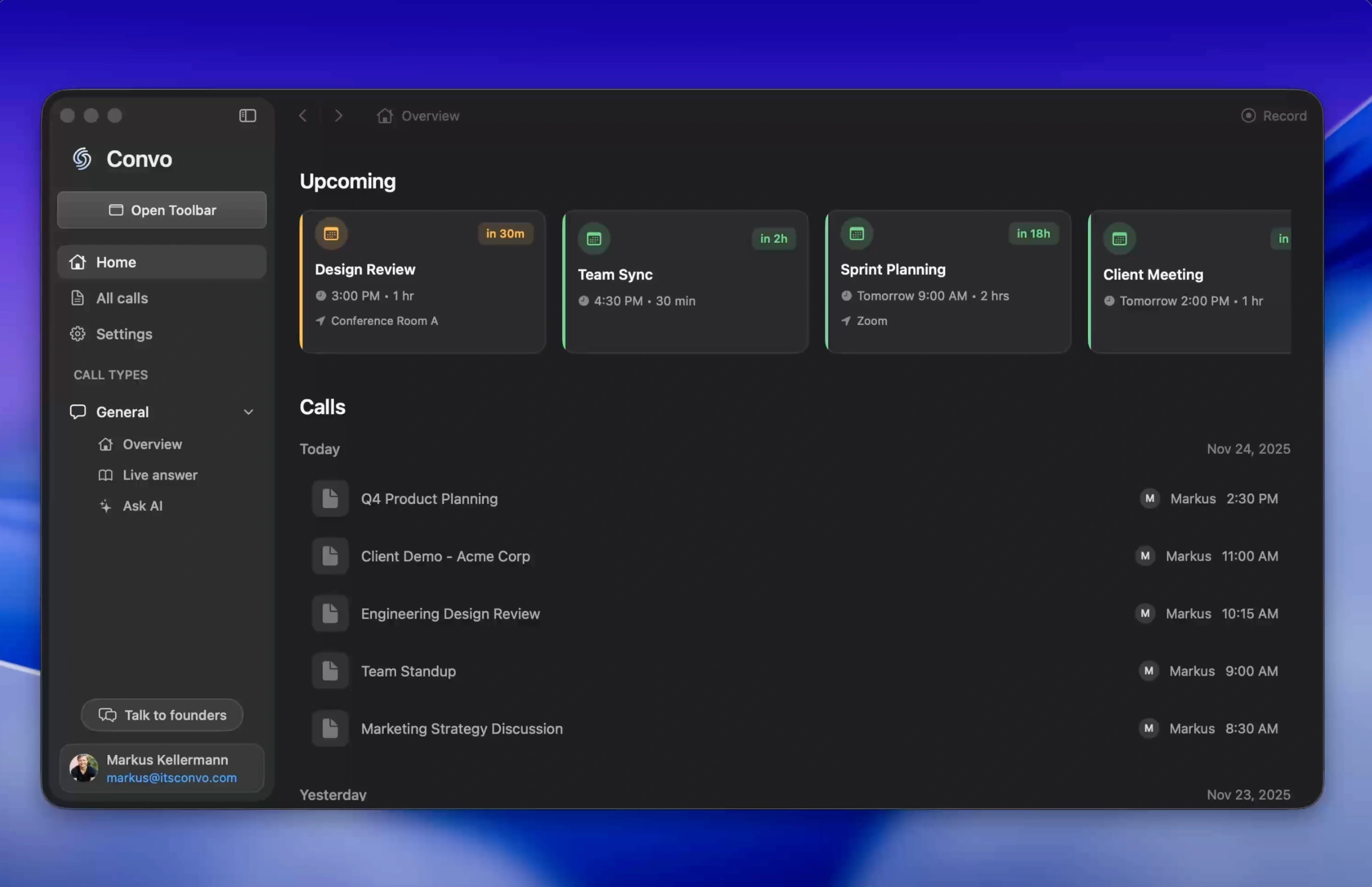 Convo real-time coaching interface showing AI suggestions during a live meeting call
