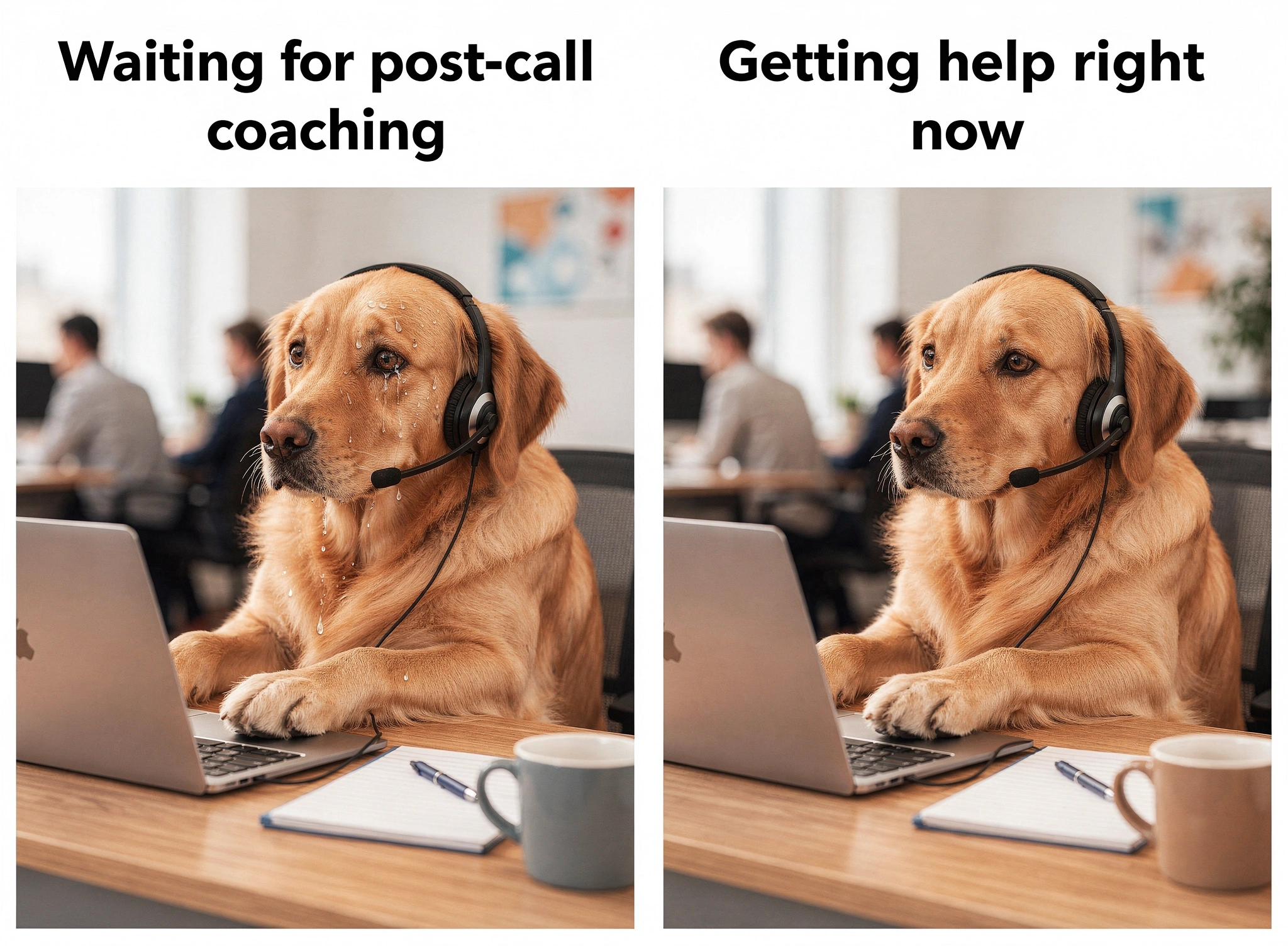 Meme showing a sales rep sweating during a tough prospect question on the left panel labeled waiting for post-call coaching, and a calm rep with real-time AI suggestions on the right panel labeled getting help right now