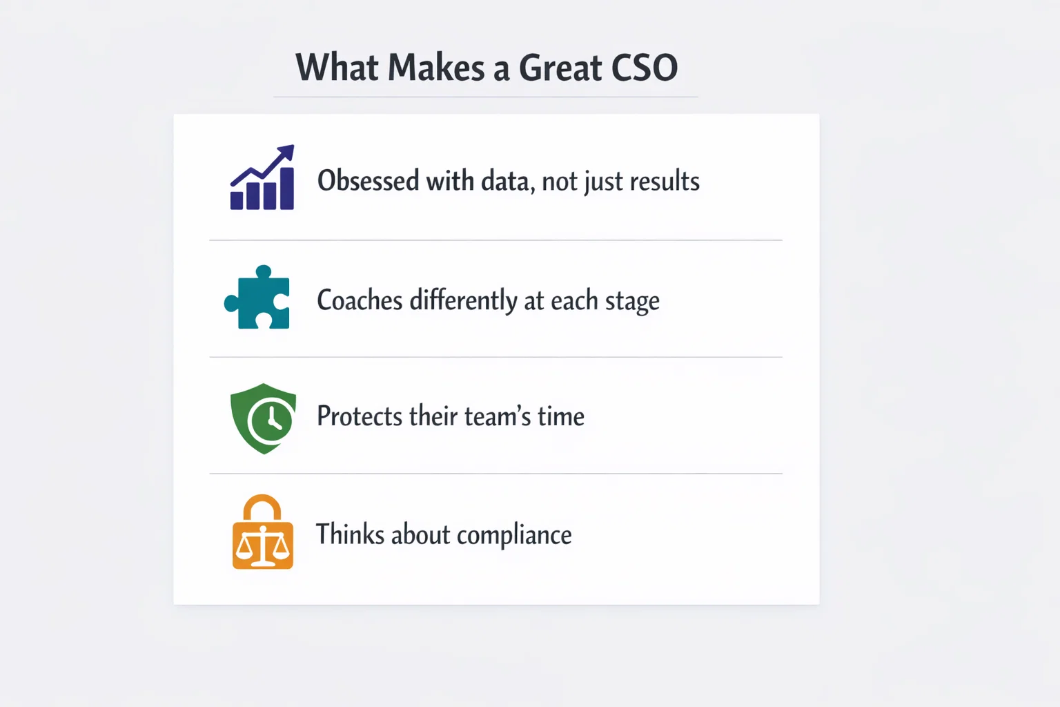 Summary card of four traits that make a great chief sales officer - obsessed with data, coaches contextually, protects team time, and thinks about compliance