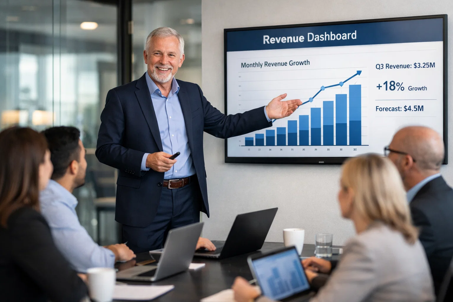 Senior sales leader presenting a revenue dashboard to their team in a modern glass-walled conference room