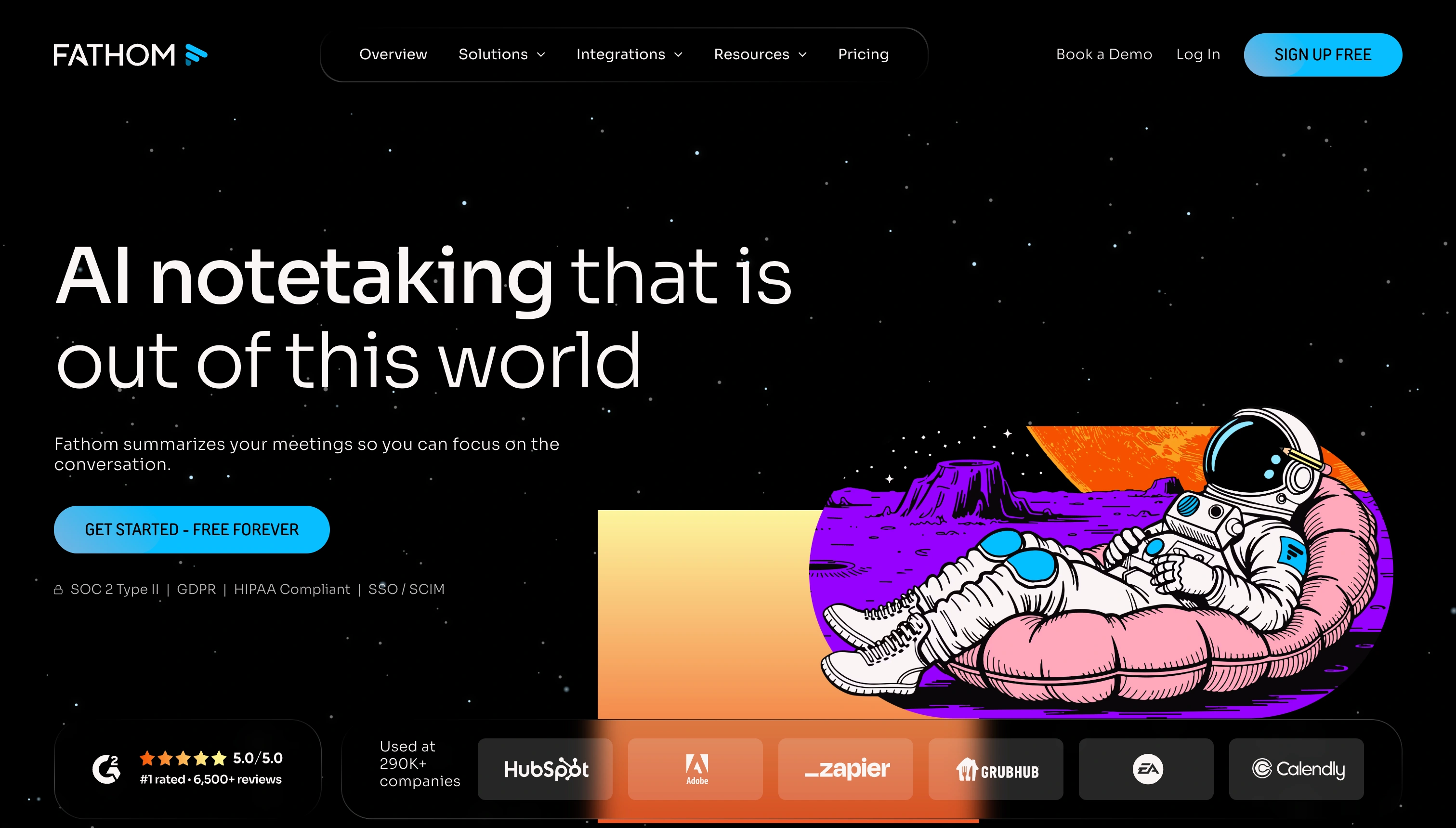 Fathom dashboard showing unlimited free meeting recordings with AI summary highlights across Zoom, Google Meet, and Teams