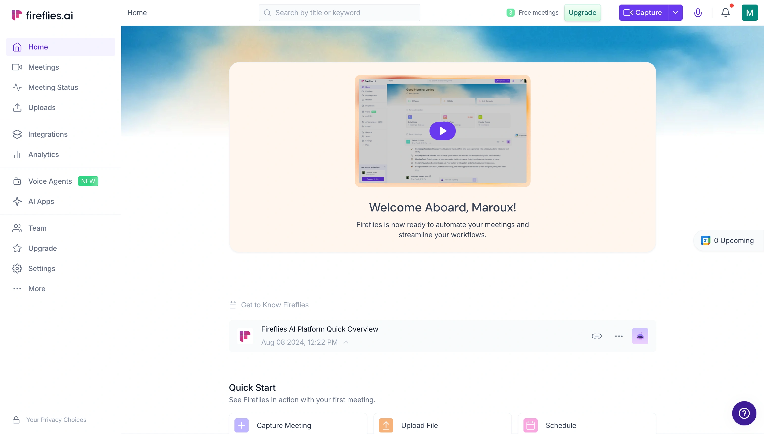 Fireflies.ai dashboard showing CRM integration, conversation analytics, and meeting summaries