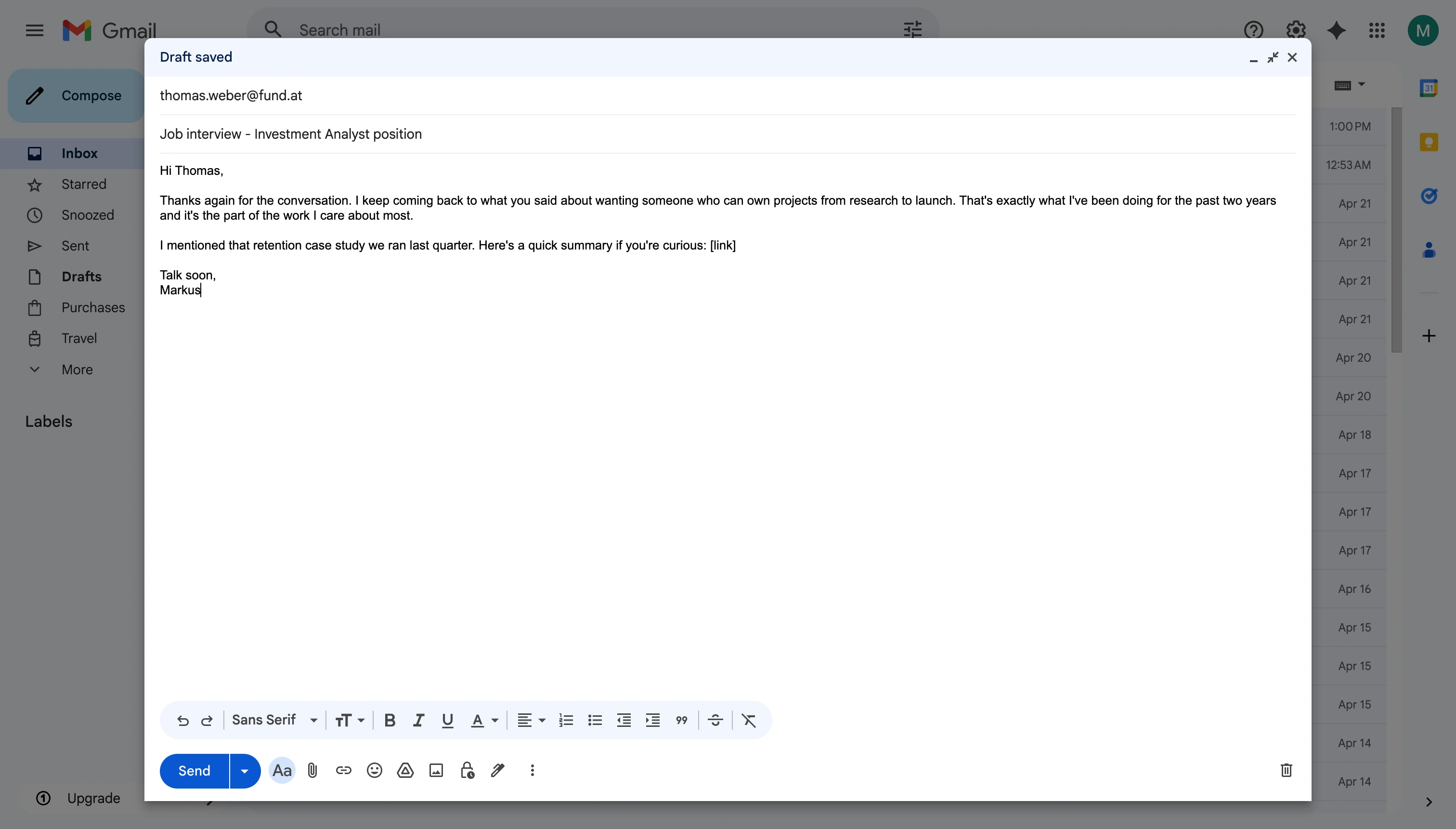 Gmail compose window showing a follow-up email after an interview with a specific subject line, a reference to the conversation about portfolio construction, and a professional closing