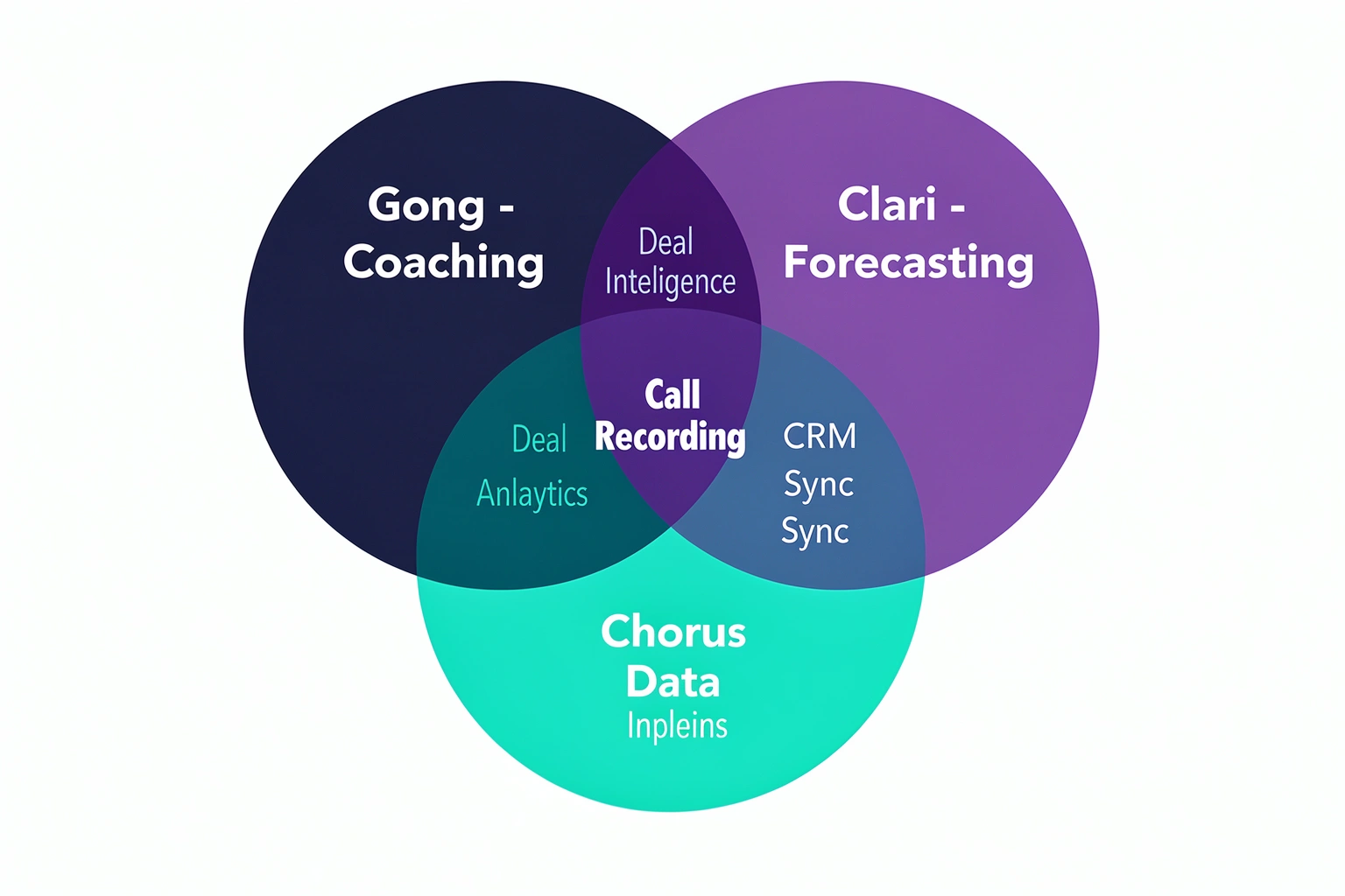 Venn diagram showing Gong focused on coaching, Chorus on data enrichment, and Clari on forecasting, with call recording in the overlapping center