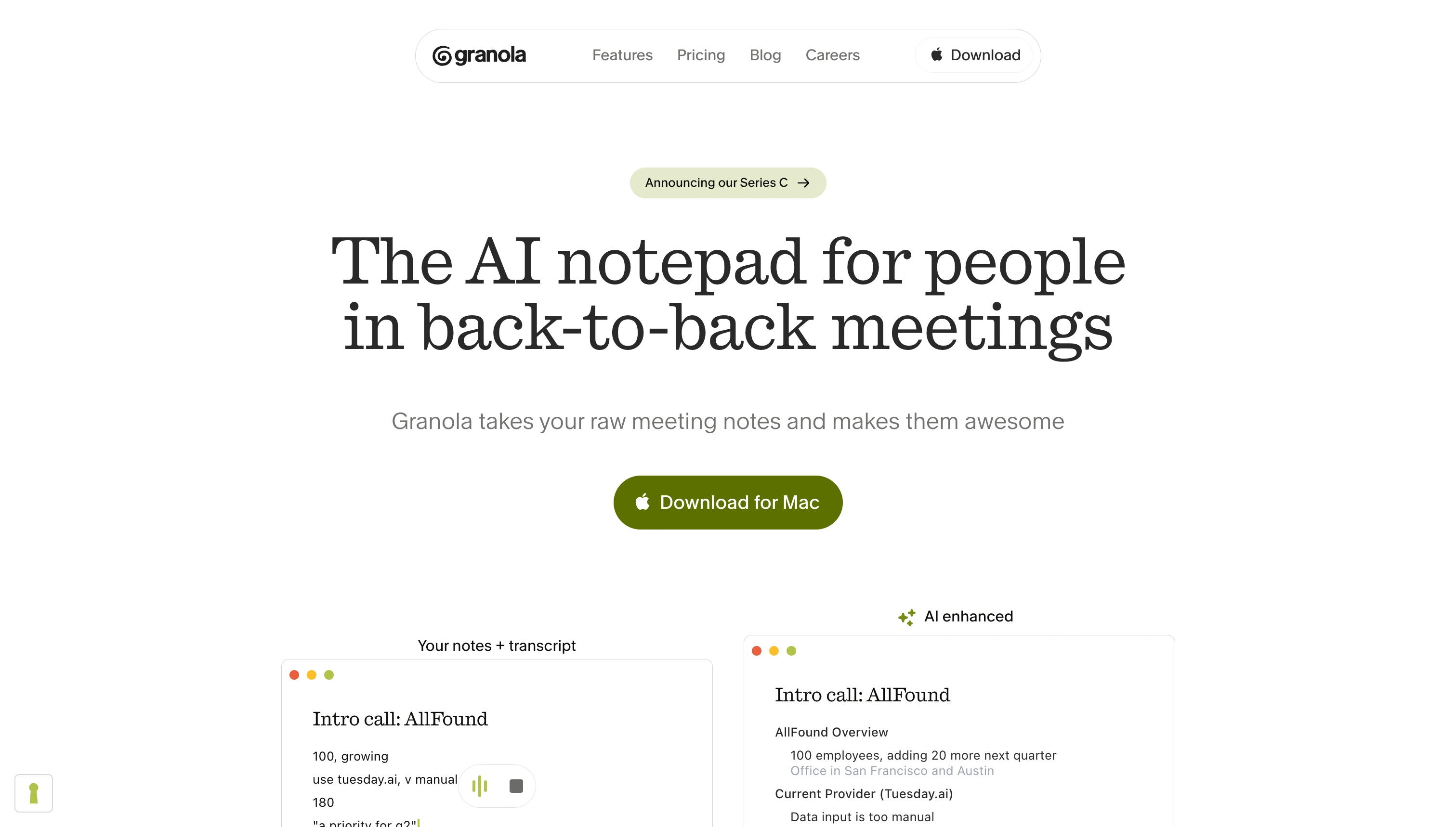 Granola's desktop app showing the Enhance Notes feature expanding rough meeting notes into a structured summary with action items and key quotes