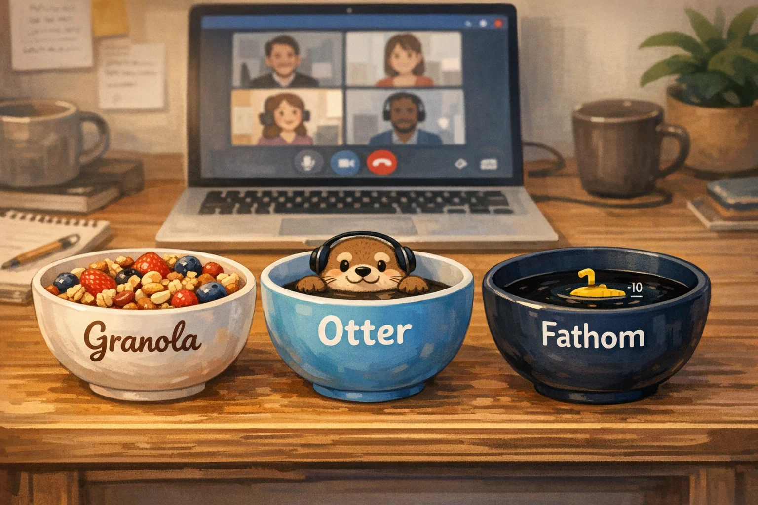 Illustration of three breakfast bowls labeled Granola, Otter, and Fathom on a wooden desk, representing the three AI note takers compared in this 2026 review
