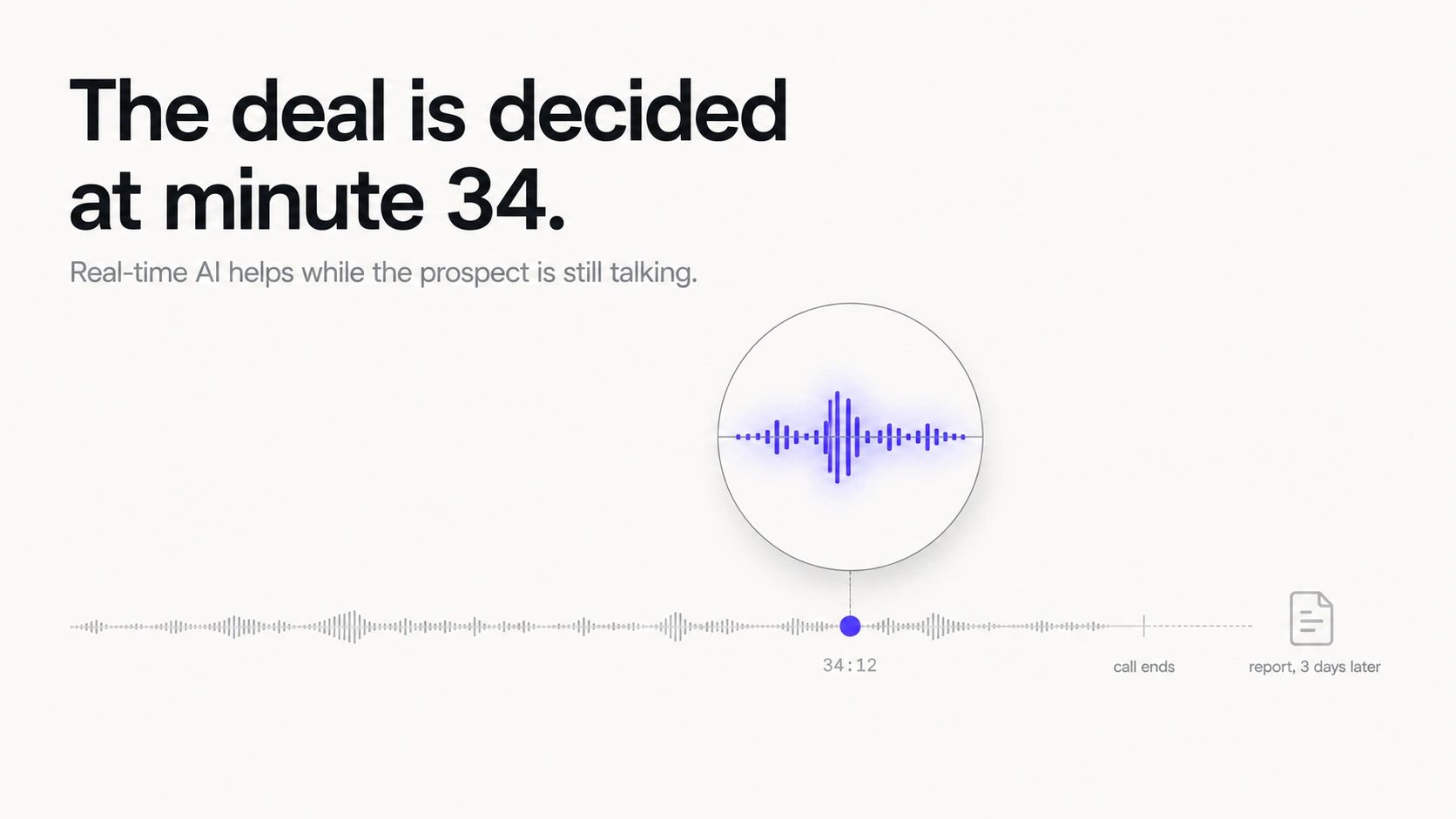 How to win more deals with AI in 2026: a live sales call timeline with the deciding moment at minute 34 magnified, real-time help arriving during the conversation while the post-call report only lands three days later