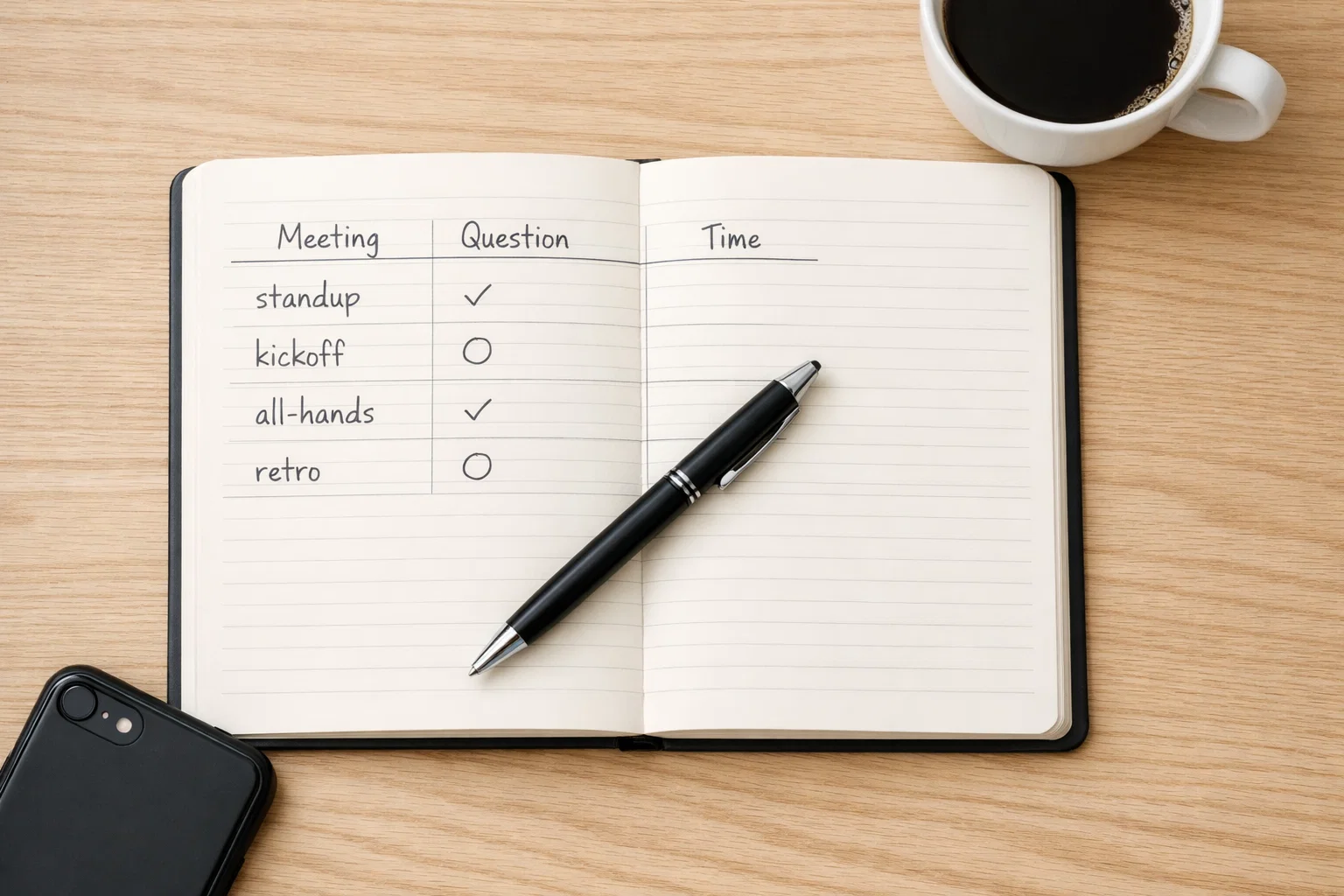 Quick reference chart matching icebreaker question types to meeting formats - standups get chat polls, kickoffs get go-around questions, all-hands get anonymous polls