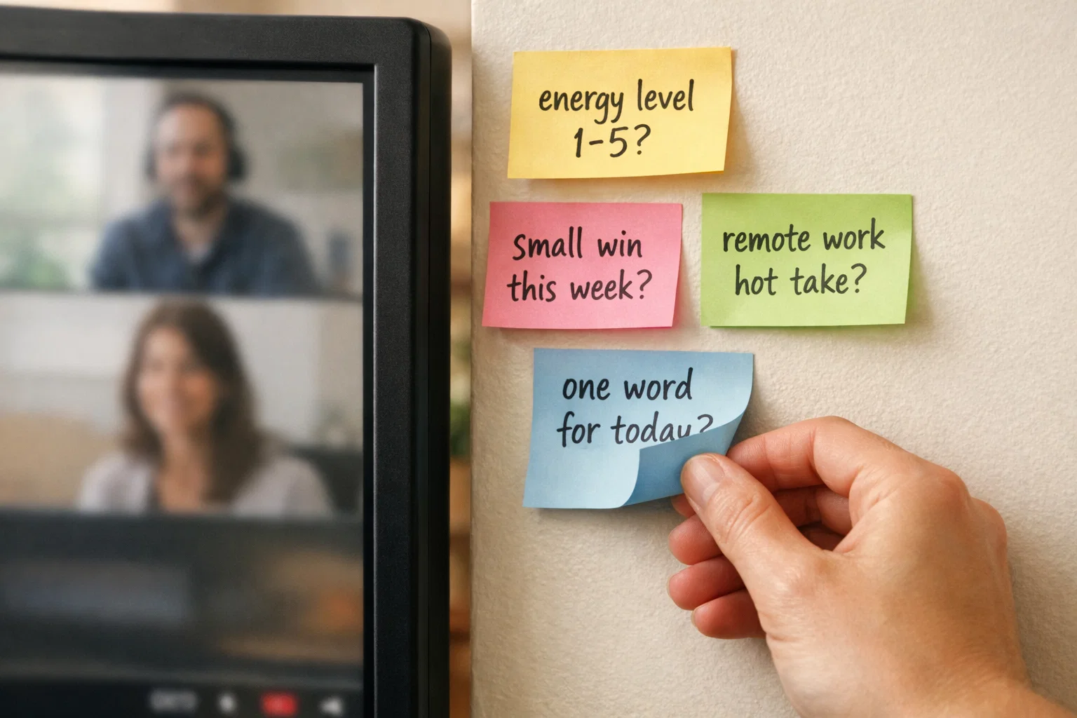 Team on a video call laughing during an icebreaker question - relaxed and engaged