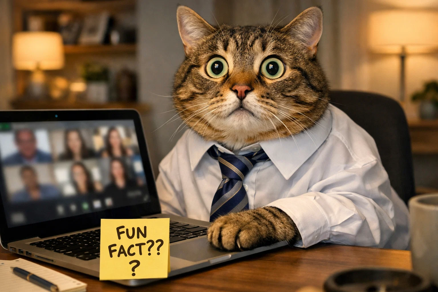 Dog in a suit sitting at a desk looking nervous with caption about being asked to share a fun fact about yourself in front of 30 strangers