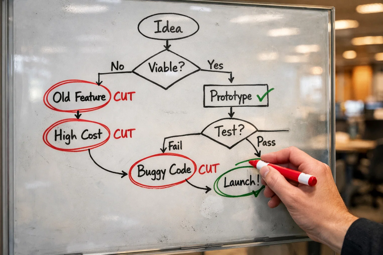 Decision flowchart for evaluating meetings - could this be async, does it need real-time discussion, is it a recurring check-in that should be audited quarterly