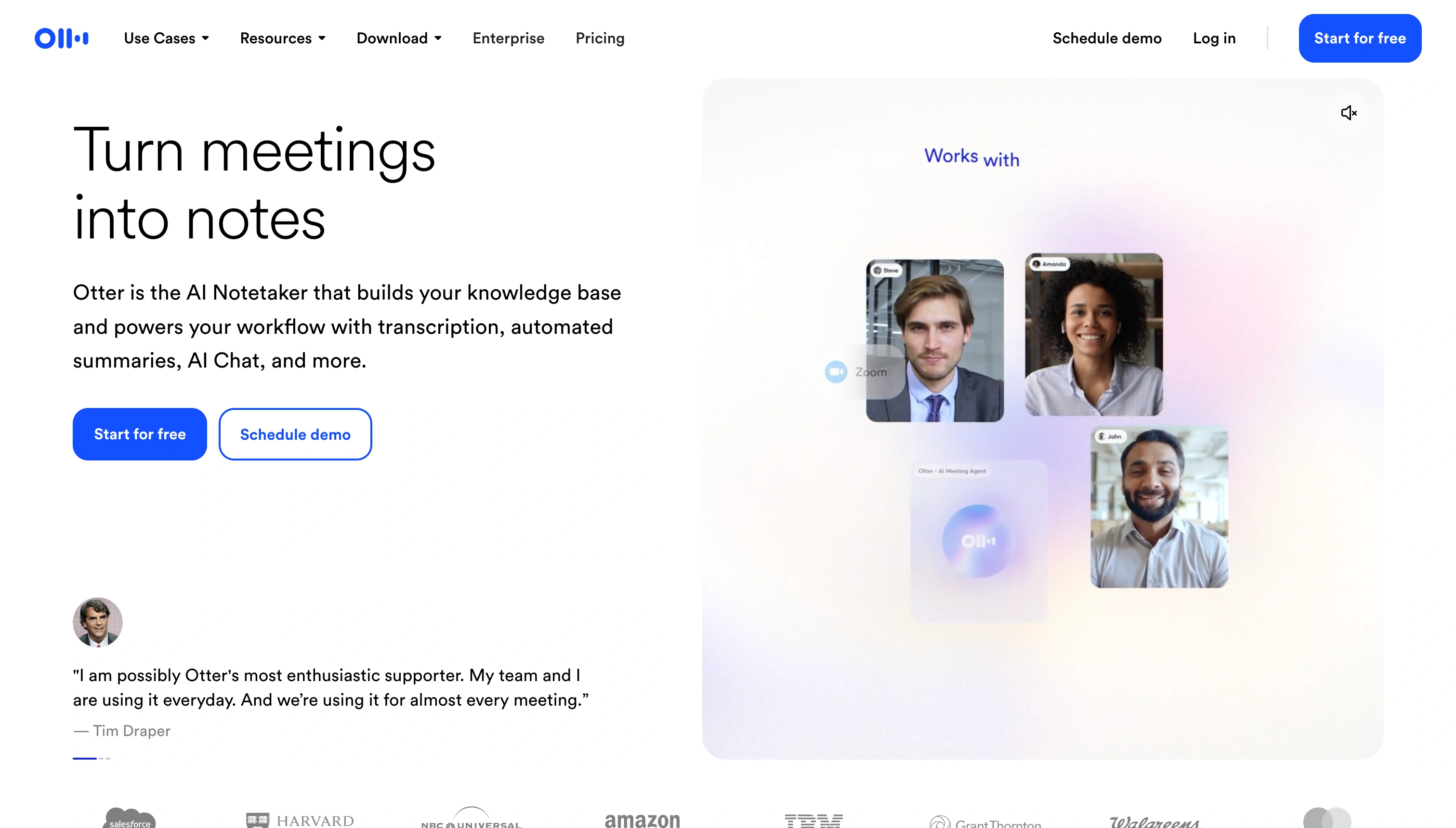 Otter.ai interface showing searchable transcript archive with speaker identification and meeting history