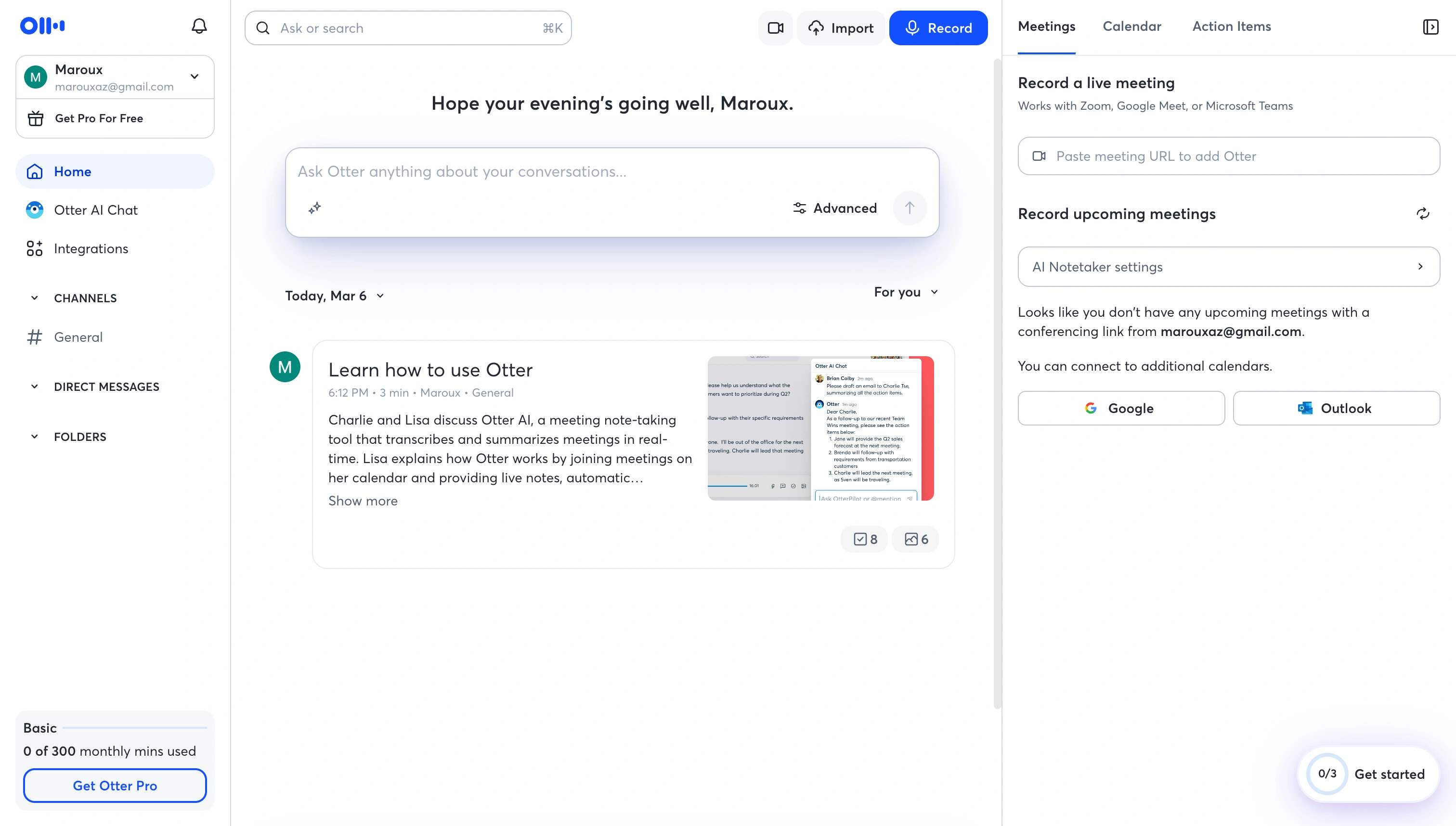 Otter.ai dashboard showing real-time transcription and searchable meeting library