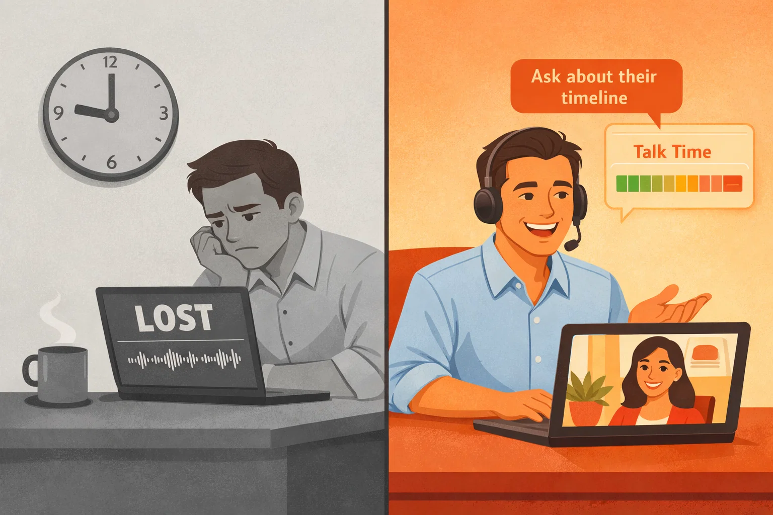 Split comparison showing post-call coaching with a frustrated manager reviewing a lost deal versus real-time coaching with suggestions appearing during a live sales call