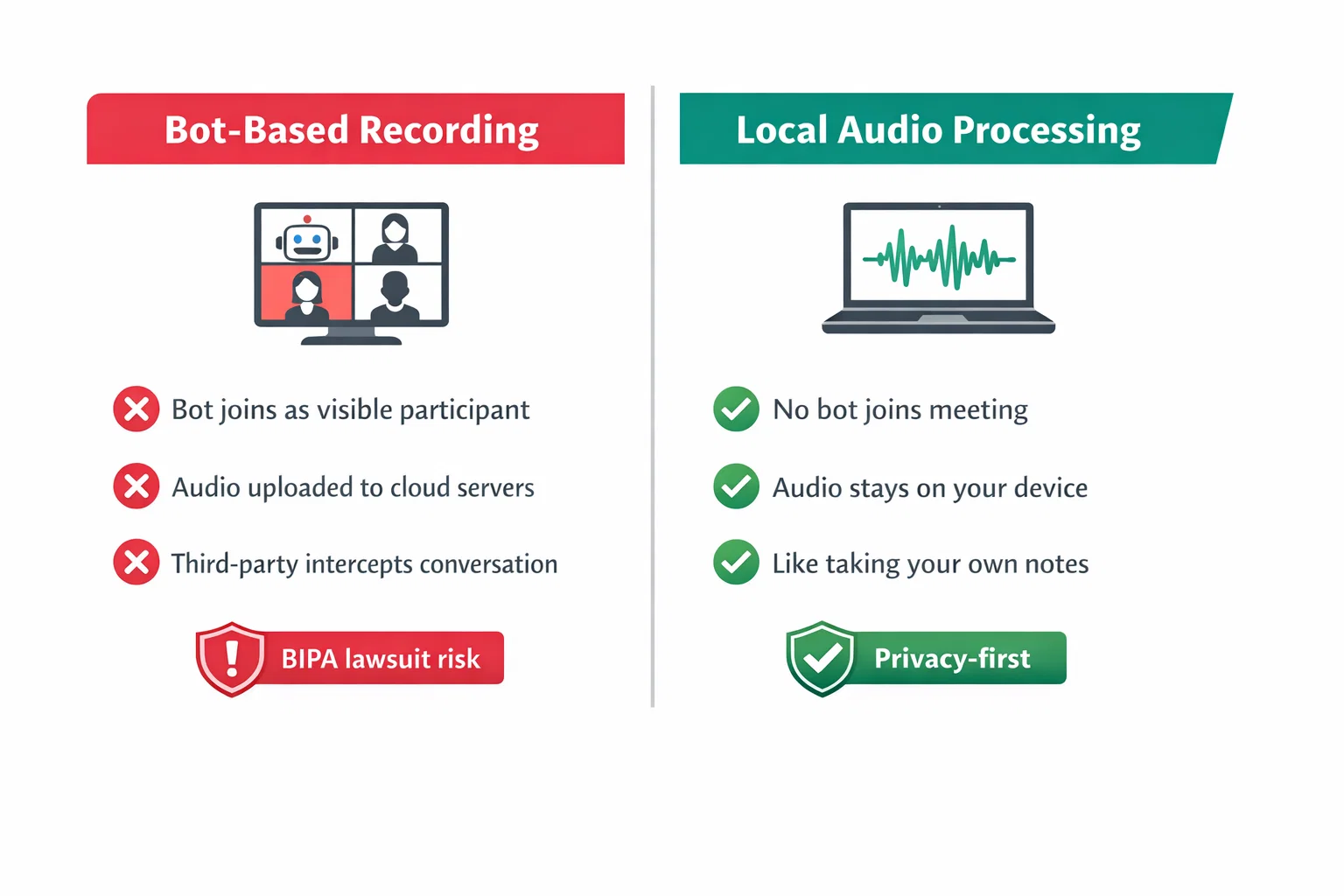 Comparison of bot-based recording with third-party cloud upload versus local audio processing where audio stays on your device