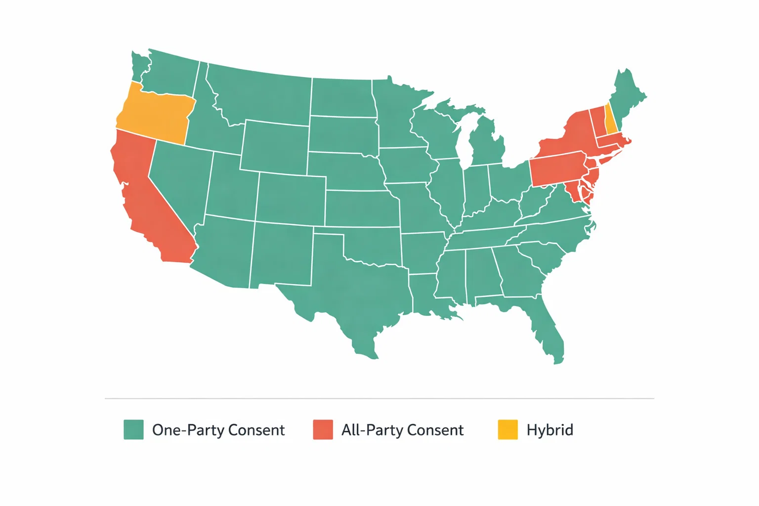 US map showing one-party consent states in green and all-party consent states in red including California, Florida, Illinois, Pennsylvania, and Washington