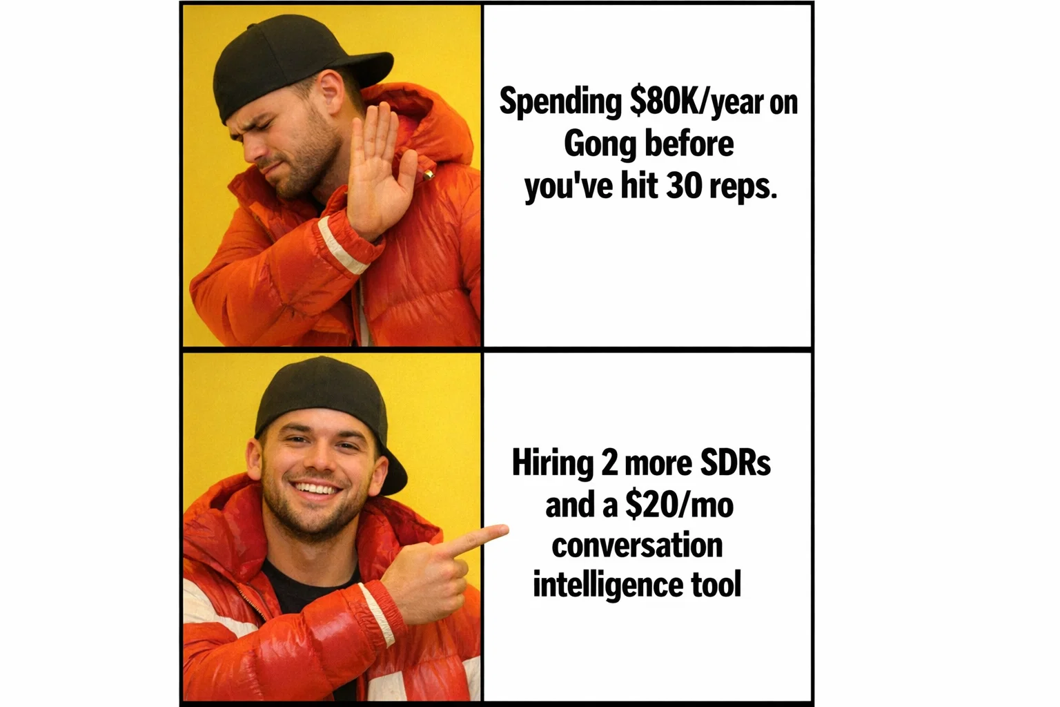 Drake Hotline Bling meme rejecting spending 80K dollars per year on Gong before hitting 30 reps and approving hiring 2 more SDRs and a 20 dollar per month conversation intelligence tool instead