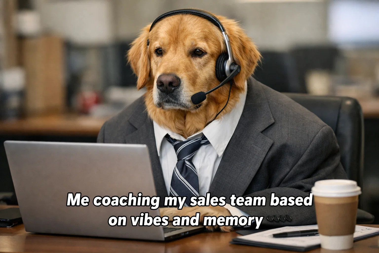 Golden retriever in a suit sitting at a desk with headset on - caption: Me evaluating my own sales calls based on vibes and memory