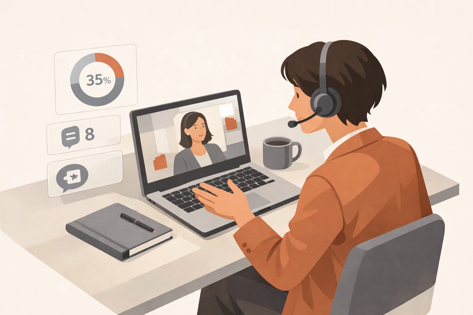 Sales rep on a video call with real-time coaching metrics showing talk time and question count overlaid on the side of the screen