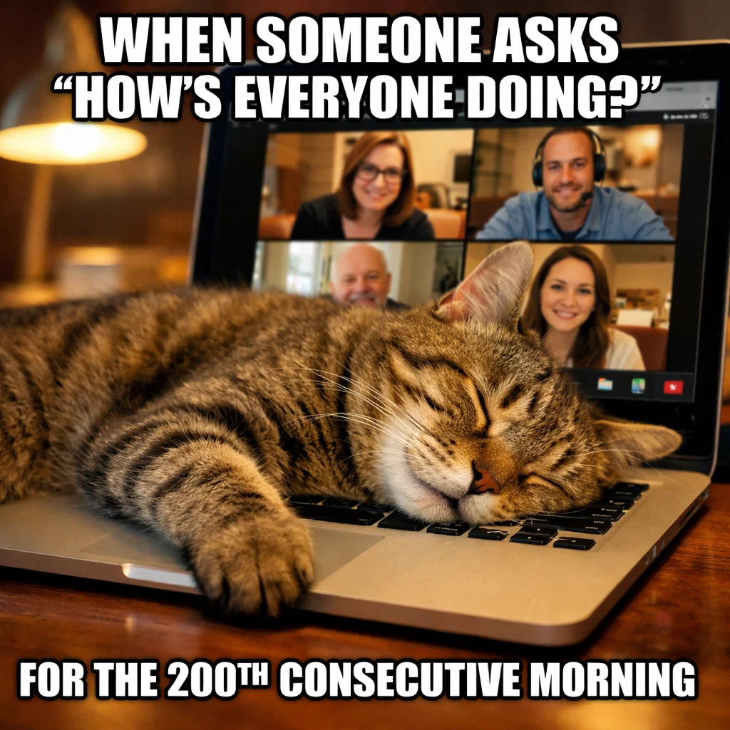 Cat sleeping on laptop during video call - when someone asks how's everyone doing for the 200th morning