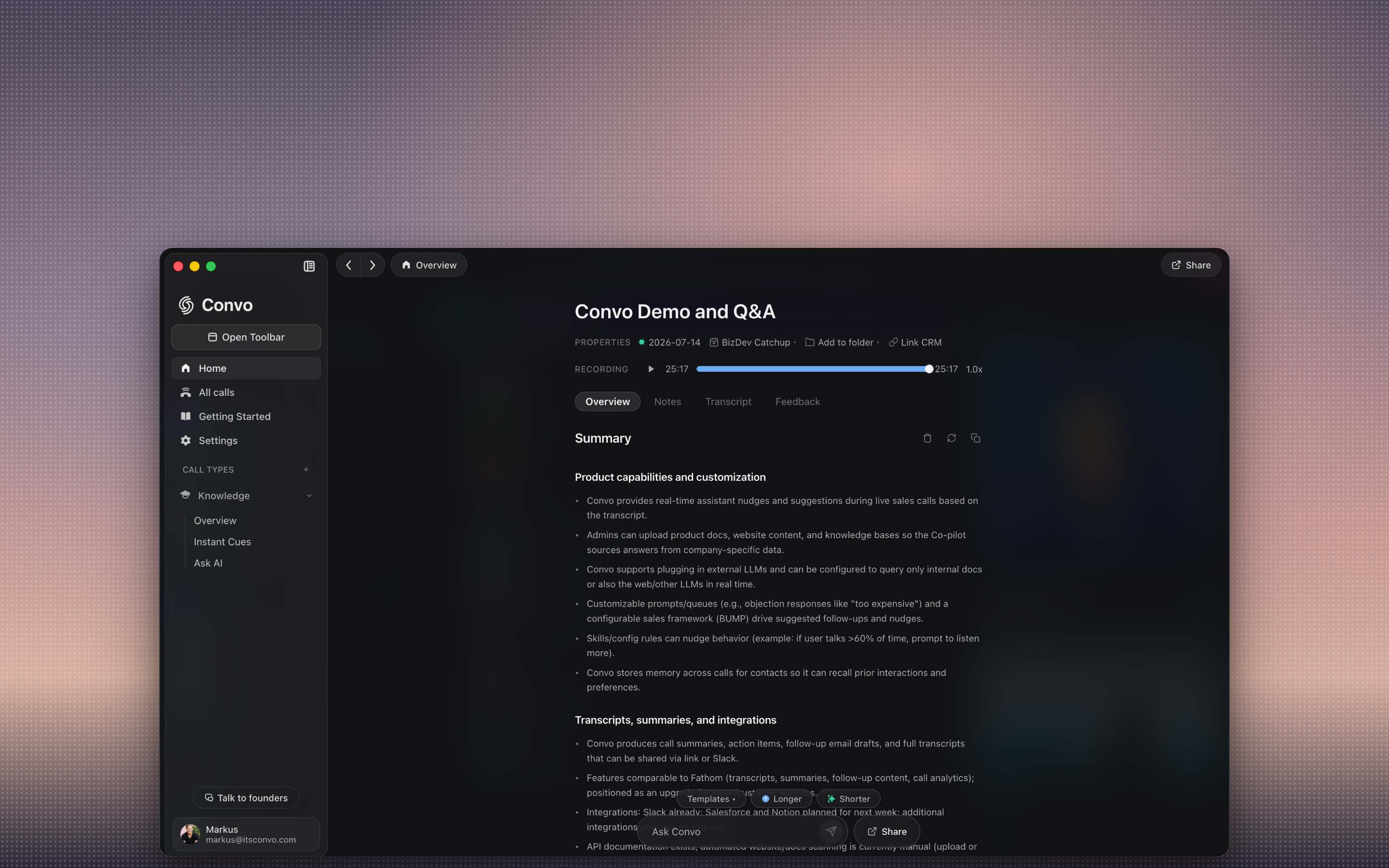 A saved Convo call showing the Overview, Notes, Transcript, and Feedback tabs