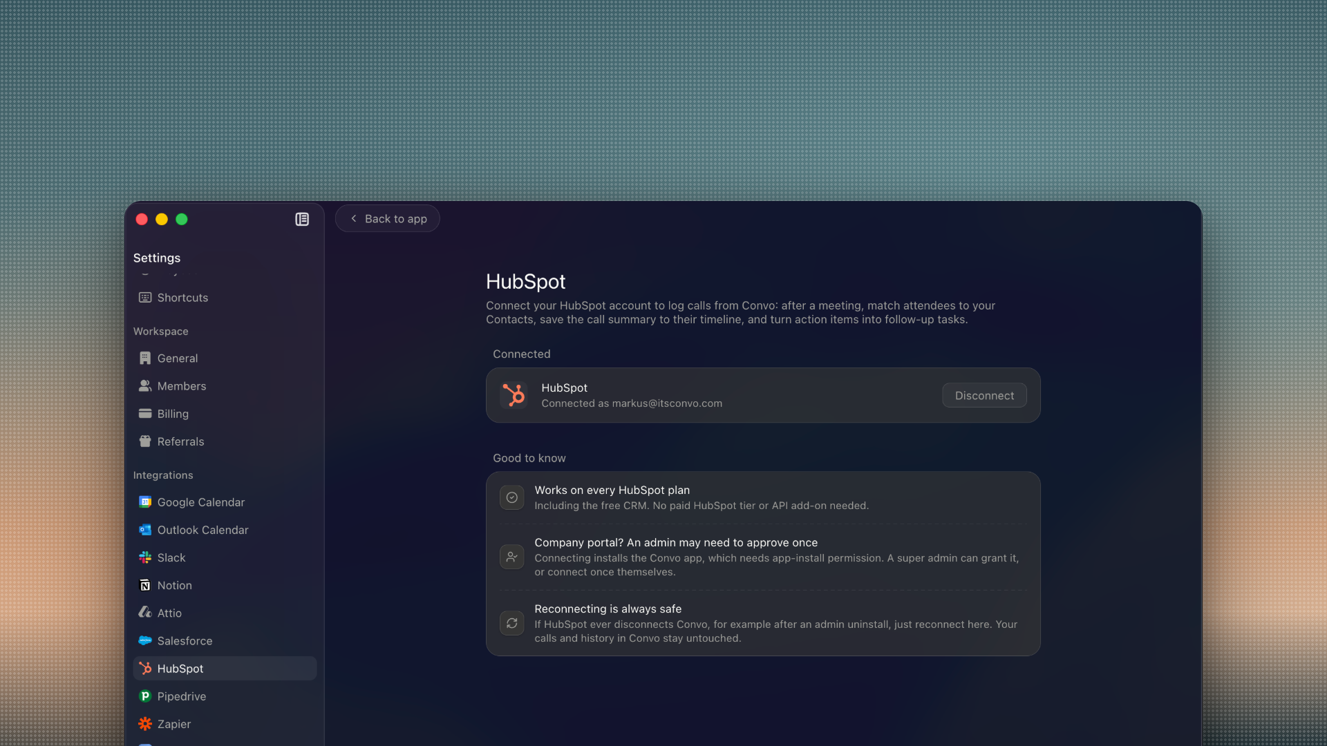 Convo Settings with calendar, Slack, Notion, CRM, and automation integrations